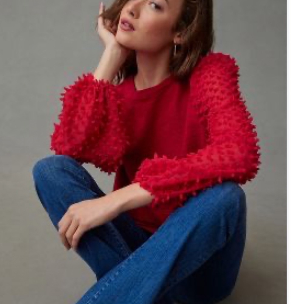 Anthropologie Maeve Red Textured Puff Long Sleeve XL